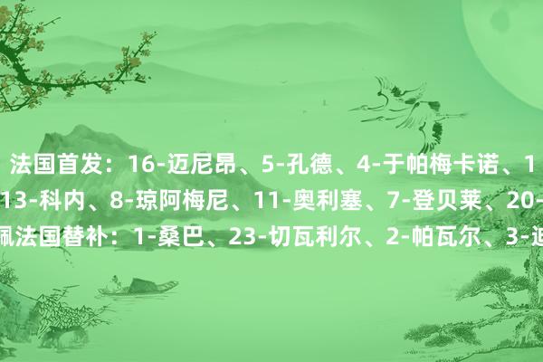 法国首发：16-迈尼昂、5-孔德、4-于帕梅卡诺、17-萨利巴、22-特奥、13-科内、8-琼阿梅尼、11-奥利塞、7-登贝莱、20-巴尔科拉、10-姆巴佩法国替补：1-桑巴、23-切瓦利尔、2-帕瓦尔、3-迪涅、6-卡马文加、9-杜埃、12-穆阿尼、14-拉比奥特、15-科纳特、18-埃梅里、19-贡多皆、21-克劳斯克罗地亚首发：1-利瓦科维奇、4-格瓦迪奥尔、6-苏塔洛、5-卡莱塔、2-斯坦尼西奇、8-科瓦西奇、10-莫德里奇、9-克拉马里奇、21-苏西奇、14-佩里西奇、11-布迪米尔克罗地亚替补：12-多米尼克-科塔斯基、23-伊武西奇、3-庞格拉西奇、22-尤拉诺维奇、19-B-索萨、18-亚基奇、17-托尼-弗鲁克、16-巴图里纳、15-帕萨利奇、7-莫罗、20-弗兰约、13-弗拉西奇【赛前信息】    体育赛事直播
