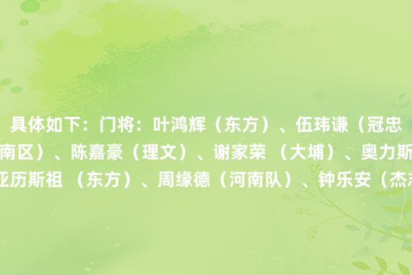 具体如下：门将：叶鸿辉（东方）、伍玮谦（冠忠南区）、颜翱天（冠忠南区）、陈嘉豪（理文）、谢家荣 （大埔）、奥力斯（圭表流浪）后卫：亚历斯祖 （东方）、周缘德（河南队）、钟乐安（杰志）、周子谦（港会）、杜度（北区）、余炜廉（理文）、茹子楠（梅州客家）、陈晋一（上海申花）、李家豪（东区体育会）、尼高拉斯（大埔）、孙铭谦（天津津门虎）、徐宏杰（云南玉昆）、宾纪文（东方）、艾里奥（杰志）、劳烈斯（延边龙鼎）、曾乐图（佛蒙特大学）中场：马希伟（东方）、颜卓彬（杰志）、潘沛轩（杰志）、陈俊乐（杰志）、赵聪悟（冠忠南区）、黄威（理文）、黄浩隽（青岛海牛）、余在言（石家庄功夫）、陈肇钧（大埔）、杜俊晖（拉夫堡大学）、费兰度（杰志）、曾以行（索尔福德大学）先锋：刘智乐（圭表流浪）、吴宇曦（重庆铜梁龙）、马斐（杰志）、祖连奴（杰志）、艾华（冠忠南区）、艾华顿（理文）、刘家乔（理文）、史提芬-彭利拿（冠忠南区）、李小恒（山东泰山）、安永佳（深圳新鹏城）、李乐谦（大埔）、米高（曼海姆）、洛迪古斯（东方）    体育最新信息